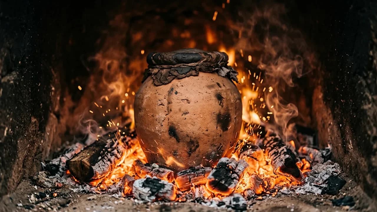 Kızgın közün üzerinde alevler arasında duran mühürlü toprak testi kebabı küpü